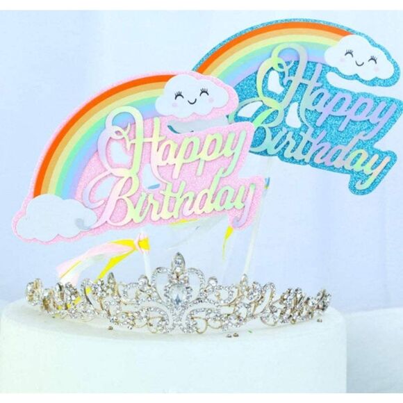 Happy Birthday Cake Topper 10 pcs Glitter Rainbow Cloud 6in x 4in - Picture 1 of 6